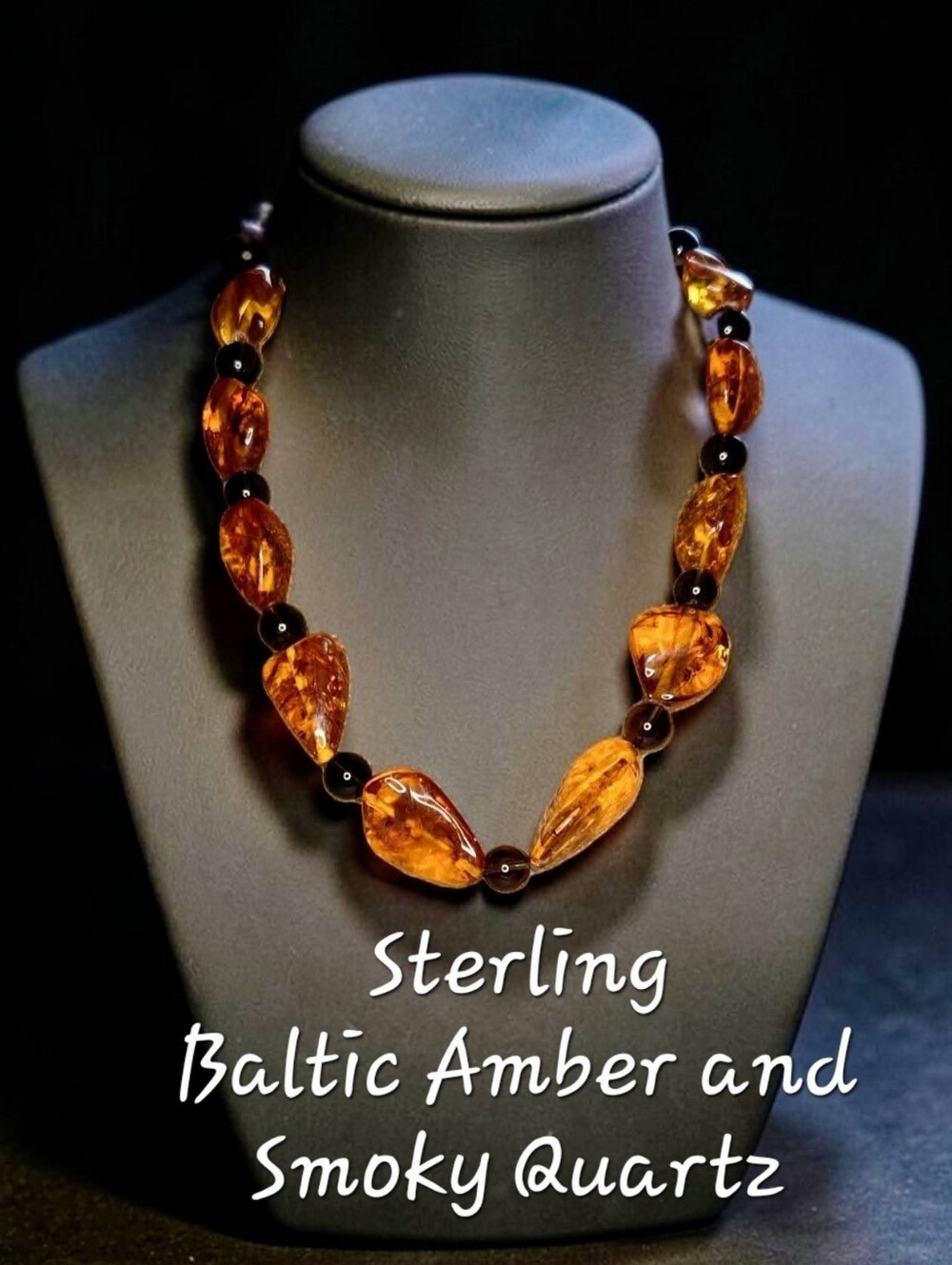Vtg Baltic Amber and Smoky Quartz 17-Inch Sterling Silver Necklace